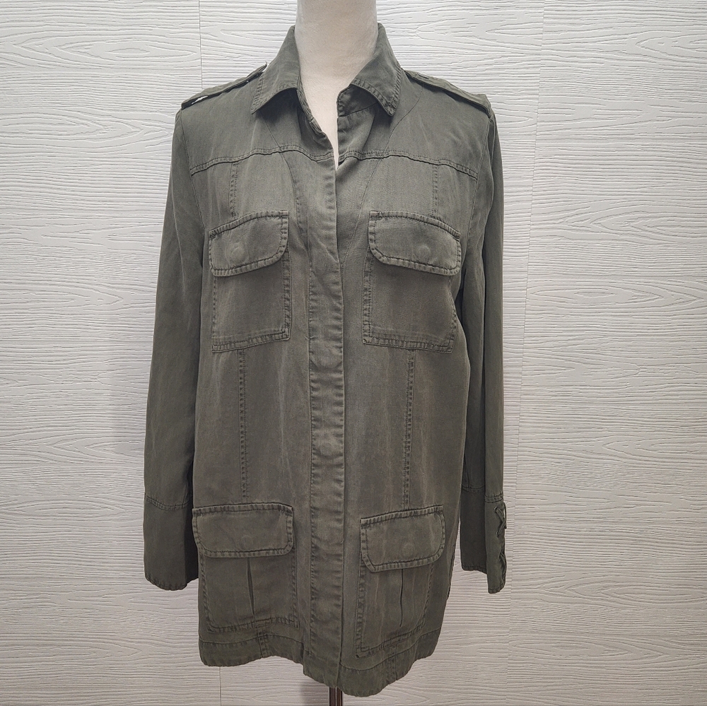 Willow & Clay Linen Blend Utility Jacket Olive Green Sz M Military Grunge Style
